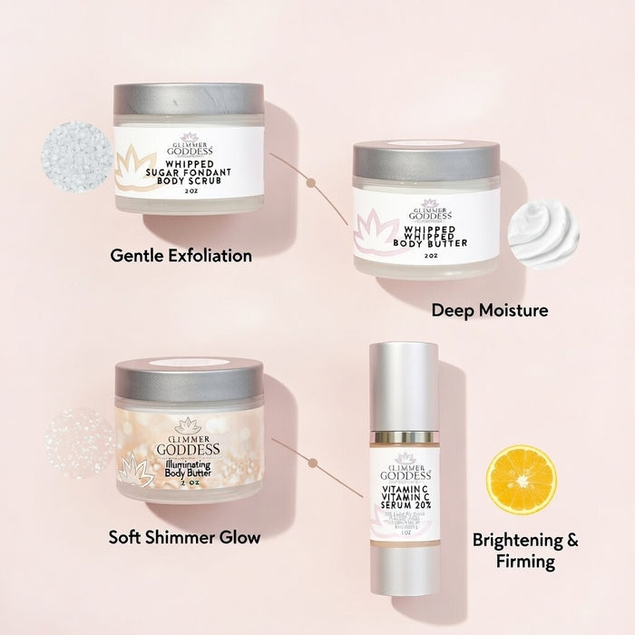 Glimmer Goddess® Bridesmaid Glow Gift Set with radiant skincare essentials for bridal party and wedding day beauty.