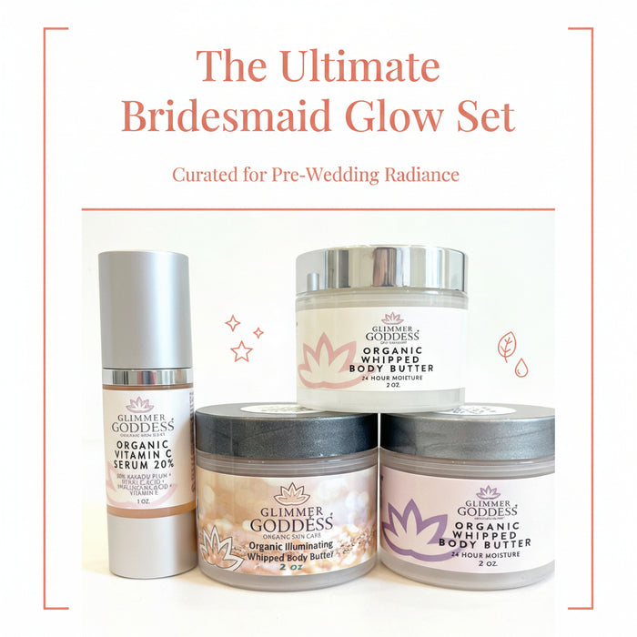 Glimmer Goddess® Bridesmaid Glow Gift Set with radiant skincare essentials for bridal party and wedding day celebration.