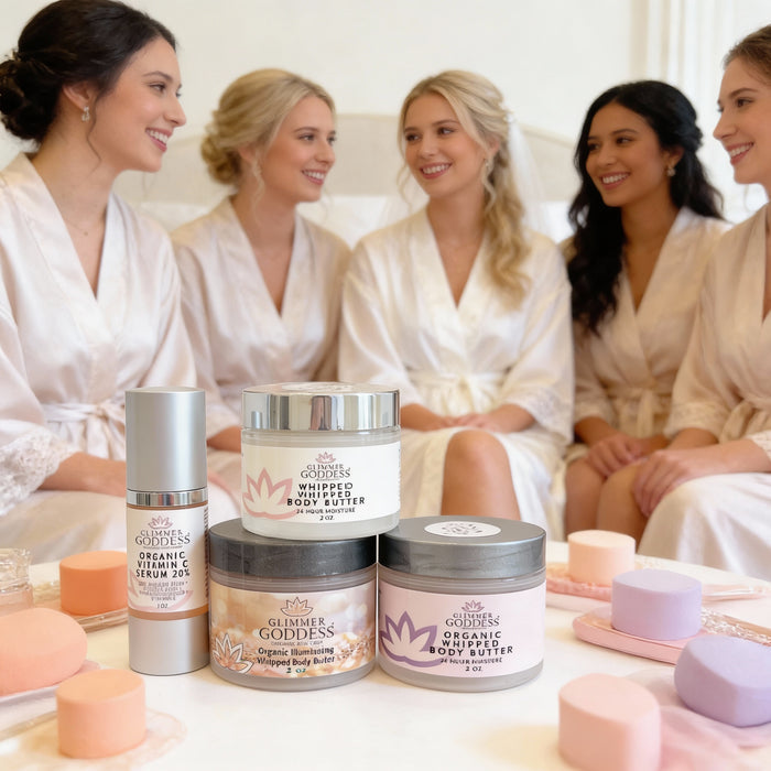 Bridesmaid Glow Gift Set from Glimmer Goddess® Organic Skin Care featuring skincare products for bridal party and wedding day radiance.