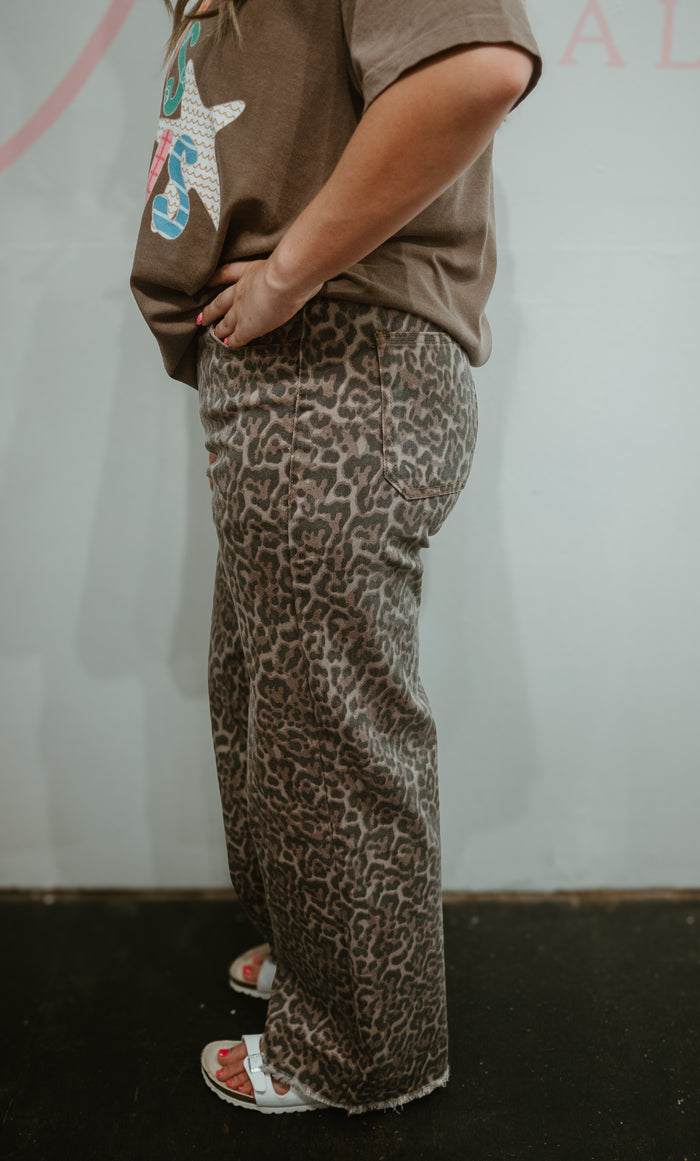 Brown Leopard Frayed Edge Wide Leg Jeans
