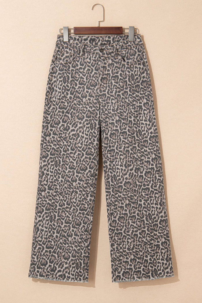 Brown Leopard Frayed Edge Wide Leg Jeans