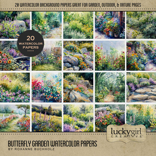 Add beautiful watercolor background pages by Lucky Girl Creative digital art for digital scrapbooking to all your garden, spring, summer, outdoor, and nature pages! This kit is included in the Butterfly Garden Watercolor Bundle.