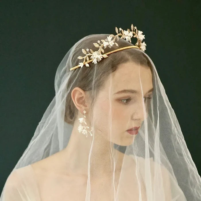 Wedding Hair Accessories - Gold Bridal Ceramic Flowers Double Tiara