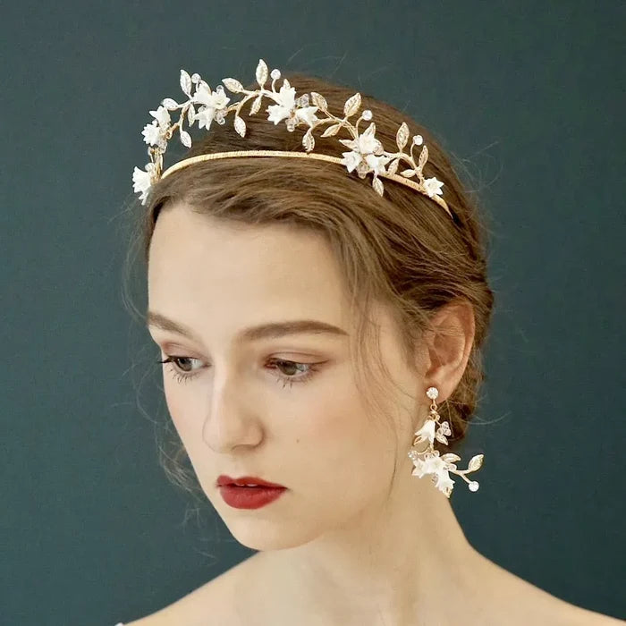 Wedding Hair Accessories - Gold Bridal Ceramic Flowers Double Tiara