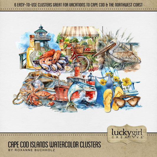 Add these beautiful and easy-to-use watercolor clusters by Lucky Girl Creative digital art to all your digital scrapbooking pages. Great for Cape Cod, coastal Maine, New England, Rhode Island, Outer Banks, North Carolina, Massachusetts South Coast pages, and other beach locations. Simply drop the pre-designed cluster onto your page and go! Embellishment clusters include lighthouse, pelican, fishing boat, swordfish, seafood platter, crab, rowboat, fishing net, bicycle, farmer's market, bathing suit, beach.