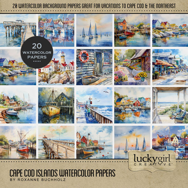 These beautiful watercolor background papers by Lucky Girl Creative digital art will add style to all your Cape Cod, coastal Maine, New England, Rhode Island, Outer Banks, North Carolina, and Massachusetts South Coast digital scrapbooking pages. Papers include dock, wharf, pier, seaside village, town, lighthouse, farmer's market, harbor, sailboat, fishing boat, front porch, beach house, boardwalk, retail shops, marina, ocean, and sea. This kit is included in the Cape Cod Islands Watercolor Bundle.