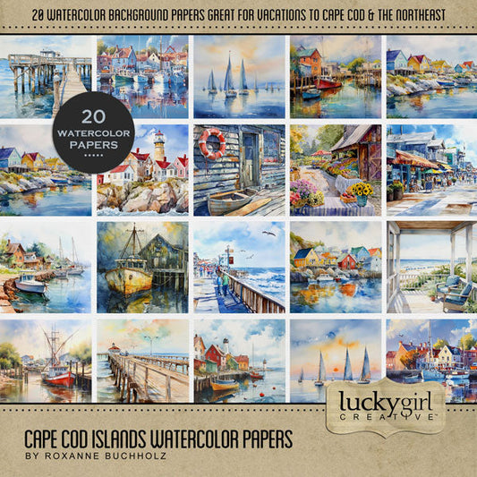 These beautiful watercolor background papers by Lucky Girl Creative digital art will add style to all your Cape Cod, coastal Maine, New England, Rhode Island, Outer Banks, North Carolina, and Massachusetts South Coast digital scrapbooking pages. Papers include dock, wharf, pier, seaside village, town, lighthouse, farmer's market, harbor, sailboat, fishing boat, front porch, beach house, boardwalk, retail shops, marina, ocean, and sea. This kit is included in the Cape Cod Islands Watercolor Bundle.