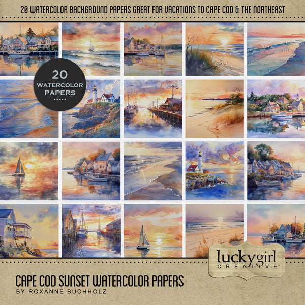These beautiful watercolor sunset background papers by Lucky Girl Creative digital art for digital scrapbooking will add style to all your Cape Cod, coastal Maine, New England, Rhode Island, Outer Banks, North Carolina, and Massachusetts South Coast pages. Papers include beach, shore, coast, ocean, sea, waves, village, town, beach house, shoreline, beach dunes, seagrass, lighthouse, boat, sailing boats, yachts, and fishing wharf and pier. This kit is NOT included in any bundle.