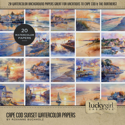 These beautiful watercolor sunset background papers by Lucky Girl Creative digital art for digital scrapbooking will add style to all your Cape Cod, coastal Maine, New England, Rhode Island, Outer Banks, North Carolina, and Massachusetts South Coast pages. Papers include beach, shore, coast, ocean, sea, waves, village, town, beach house, shoreline, beach dunes, seagrass, lighthouse, boat, sailing boats, yachts, and fishing wharf and pier. This kit is NOT included in any bundle.
