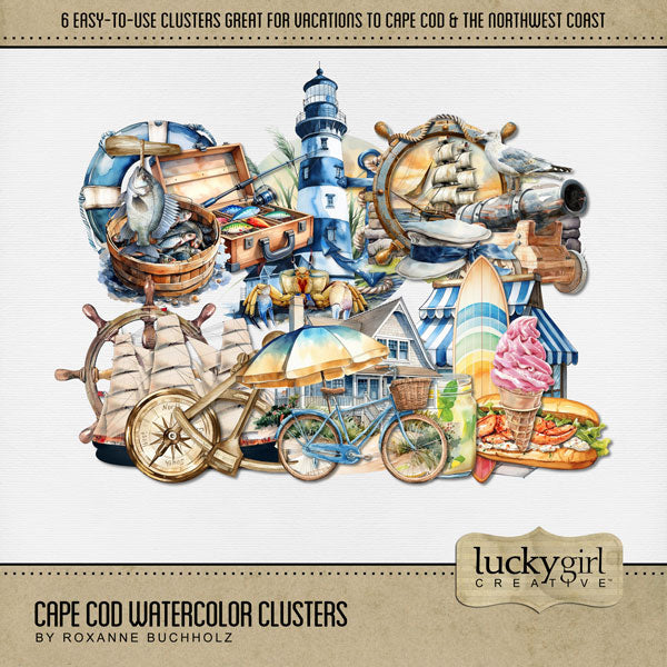 Add these beautiful and easy-to-use watercolor clusters by Lucky Girl Creative digital art to all your digital scrapbooking pages. Great for Cape Cod, coastal Maine, New England, Rhode Island, Outer Banks, North Carolina, Massachusetts South Coast pages, and other beach locations. Simply drop the pre-designed cluster onto your page and go! Embellishment clusters include vintage clipper ship, ship's wheel, compass, fishing rod, tackle box, beach house, lighthouse, bicycle, beach umbrella, fanon, ice cream.