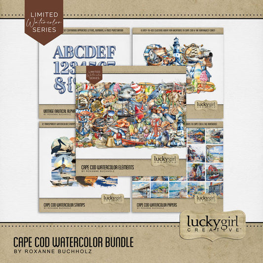 Add these beautiful watercolor nautical embellishments, papers, cluster embellishments, stamps, and alpha set by Lucky Girl Creative digital art to all your digital scrapbooking pages. Great for Cape Cod, coastal Maine, New England, Rhode Island, Outer Banks, North Carolina, Massachusetts South Coast pages, Nantucket, Martha's Vineyard, and other beach and seaside locations. From whale watching and biking the coastal Cape Cod Rail Trail to historical museums and ocean dining, this collection has it all.