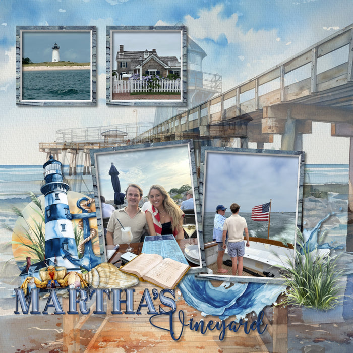 Add these beautiful watercolor nautical embellishments, papers, cluster embellishments, stamps, and alpha set by Lucky Girl Creative digital art to all your digital scrapbooking pages. Great for Cape Cod, coastal Maine, New England, Rhode Island, Outer Banks, North Carolina, Massachusetts South Coast pages, Nantucket, Martha's Vineyard, and other beach and seaside locations. From whale watching and biking the coastal Cape Cod Rail Trail to historical museums and ocean dining, this collection has it all.