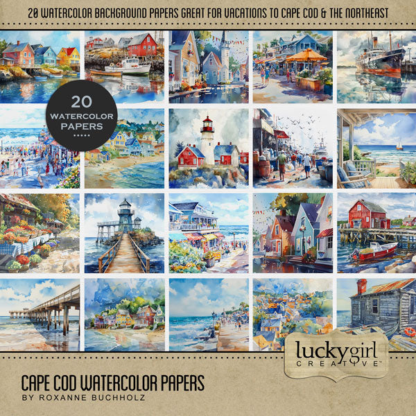 These beautiful watercolor background papers by Lucky Girl Creative digital art will add style to all your Cape Cod, coastal Maine, New England, Rhode Island, Outer Banks, North Carolina, and Massachusetts South Coast digital scrapbooking pages. Papers include dock, wharf, pier, seaside village, town, lighthouse, farmer's market, harbor, sailboat, fishing boat, front porch, beach house, boardwalk, retail shops, marina, ocean, and sea. This kit is included in the Cape Cod Watercolor Bundle.