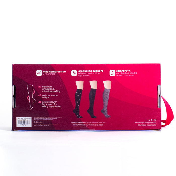 Gift box featuring three pairs of compression socks with varying designs and support features.
