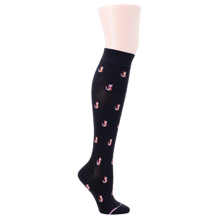 Black knee-high socks featuring a repeated cat design in various colors.