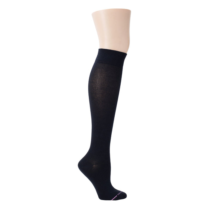 Knee-high black socks with a ribbed texture and a solid color design.