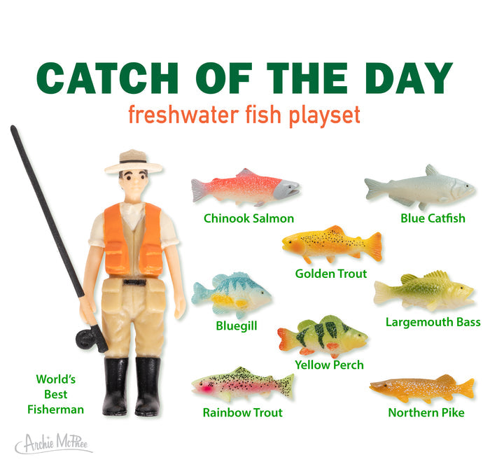 The Catch of the Day Freshwater Fish Playset features a plastic fisherman holding a rod surrounded by eight labeled, colorful freshwater fish toys for fun and educational fishing play.