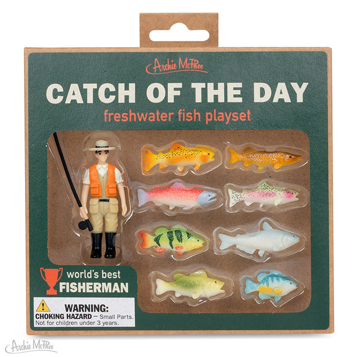The Catch of the Day Freshwater Fish Playset includes a fisherman figure, fishing rod, and eight colorful vinyl fish—ideal for creating your own fishing diorama or freshwater fish playset.