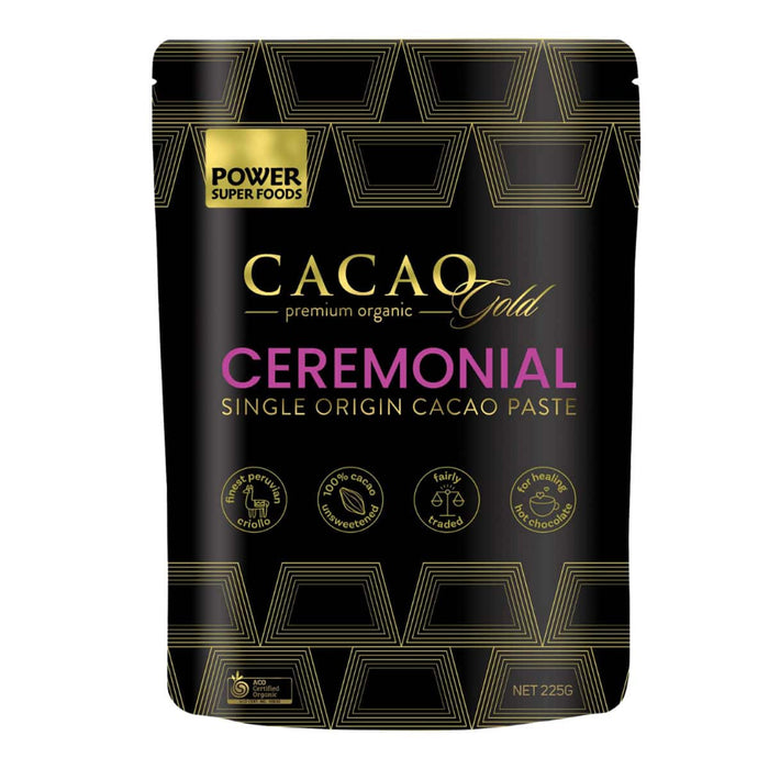Cacao Gold Ceremonial single origin cacao paste packaging on a white background