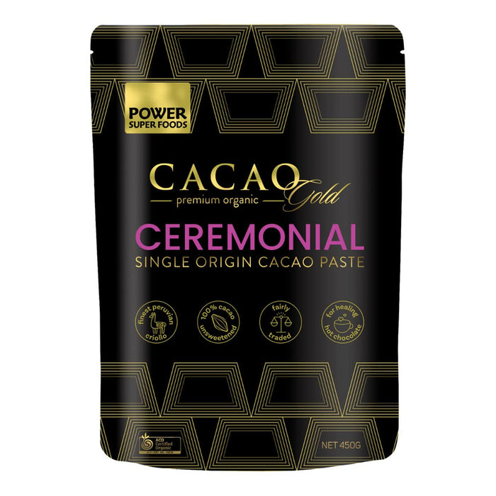 Cacao Gold ceremonial single origin cacao paste packaging on a white background