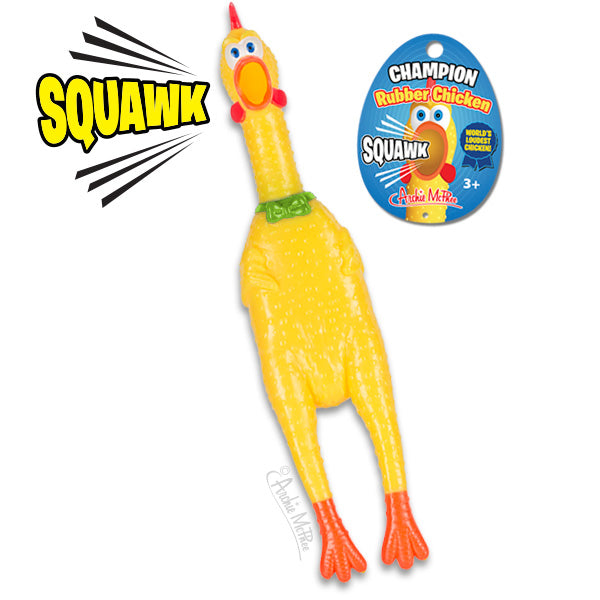 Champion Rubber Chicken toy featuring a green collar, red feet, and beak. This squealing toy is perfect for grabbing attention. Packaging states: Squawk.