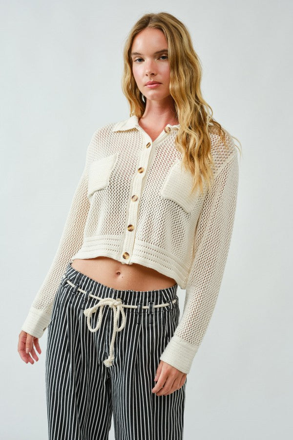 Chic Crocheted Cotton Sweater Shirt Cardigan