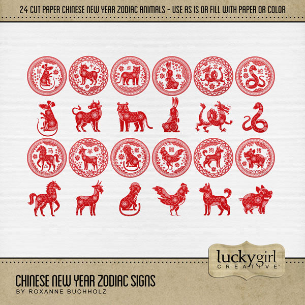 The zodiac calendar is very important in traditional Chinese culture and exists as a reflection of Chinese philosophy and culture. Chinese folkways held that one's personality is related to the attributes of their zodiac animal - Rat, Ox, Tiger, Rabbit, Dragon, Snake, Horse, Goat, Monkey, Rooster, Dog, and Pig. These traditional paper cut embellishments by Lucky Girl Creative digital art for digital scrapbooking are great for vacations to Asia and China as well as celebrating the Chinese New Year.