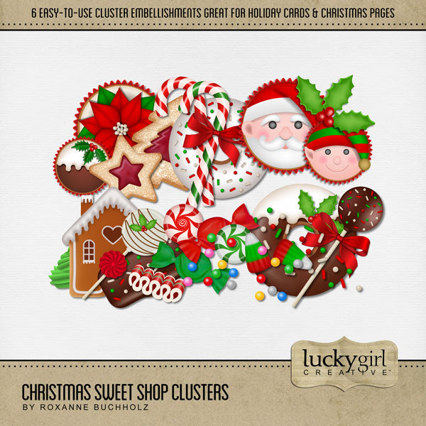 Add these easy-to-use cluster embellishments by Lucky Girl Creative digital art to all your holiday digital scrapbooking pages! In hues of red, green, and white, these sweet clusters add so much fun to all your Christmas projects including greeting cards and holiday decor. Featured embellishments include cupcakes, Santa Claus, elf, gingerbread house, donut, cake pop, cookies, candy canes, candy, peppermint, sprinkles, and more. This kit is included in the Christmas Sweet Shop Bundle.