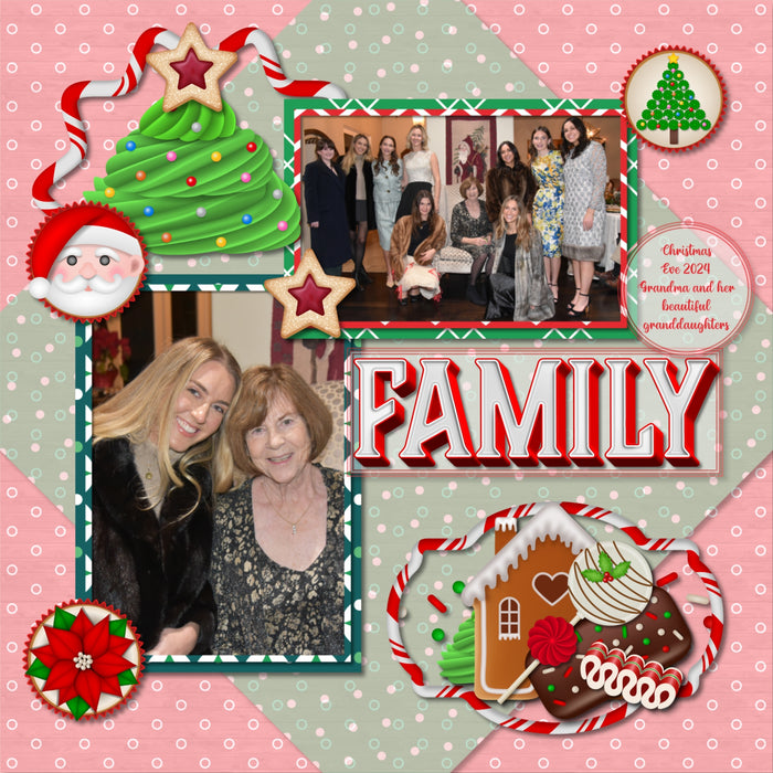 Add these sweet embellishments, bold patterned papers, clusters, and 2 alpha sets by Lucky Girl Creative digital art to all your holiday digital scrapbooking pages! In hues of red, green, and white, these sweet elements add so much fun to all your Christmas projects including greeting cards and holiday decor. Embellishments include cake pop, cake, candy cane, candy cane frames, heart, candy corn, gingerbread house, cookie, star, Christmas tree, cupcake, elf, penguin, Santa Claus, snowflake, wreath, and more