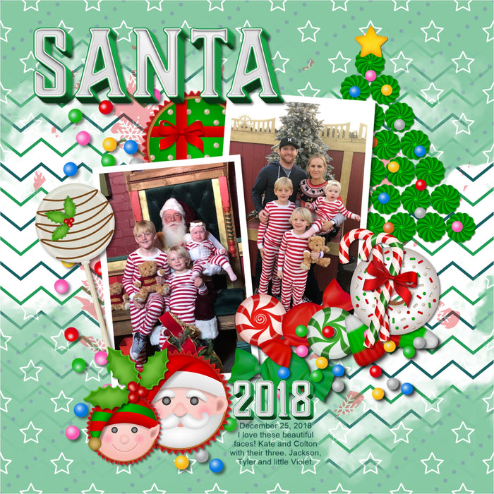 Add these sweet embellishments, bold patterned papers, clusters, and 2 alpha sets by Lucky Girl Creative digital art to all your holiday digital scrapbooking pages! In hues of red, green, and white, these sweet elements add so much fun to all your Christmas projects including greeting cards and holiday decor. Embellishments include cake pop, cake, candy cane, candy cane frames, heart, candy corn, gingerbread house, cookie, star, Christmas tree, cupcake, elf, penguin, Santa Claus, snowflake, wreath, and more