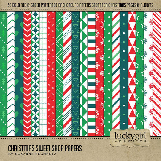 Add these bold patterned background papers by Lucky Girl Creative digital art to all your digital scrapbooking pages! In hues of red, green, and white, these papers add so much fun to all your Christmas projects including greeting cards and holiday decor. Patterns include stripes, stars, diagonal, chevron, heart, plaid, polka dots, snow flakes, grid, pine trees, triangles, and more. This kit is included in the Christmas Sweet Shop Bundle.