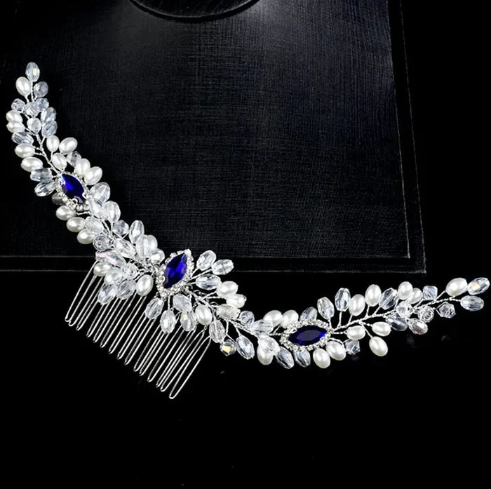 Wedding Hair Accessories - Blue Crystal and Pearl Bridal Hair Comb / Hair Vine
