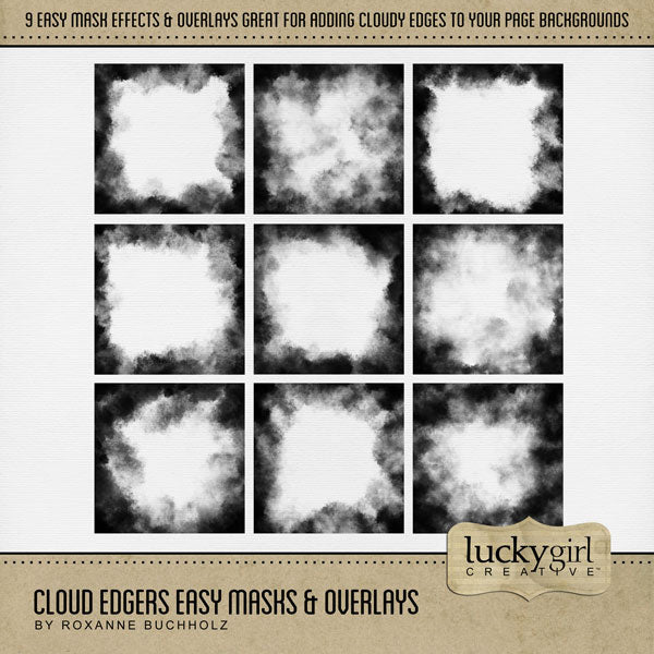Create your own unique background effects with these easy masks & overlays by Lucky Girl Creative digital art that will add a subtle or bold effect to your digital scrapbooking page edges. Fill the masks with your favorite color, photo, or paper. Great for every occasion and theme! In Photoshop, add the photo mask to your page, overlay with your favorite photo or digital paper, and create a clipping path for a stunning result. This kit is NOT included in any bundle.