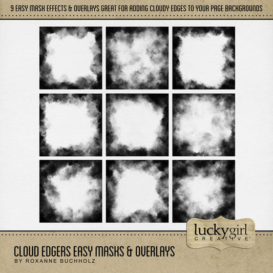 Create your own unique background effects with these easy masks & overlays by Lucky Girl Creative digital art that will add a subtle or bold effect to your digital scrapbooking page edges. Fill the masks with your favorite color, photo, or paper. Great for every occasion and theme! In Photoshop, add the photo mask to your page, overlay with your favorite photo or digital paper, and create a clipping path for a stunning result. This kit is NOT included in any bundle.