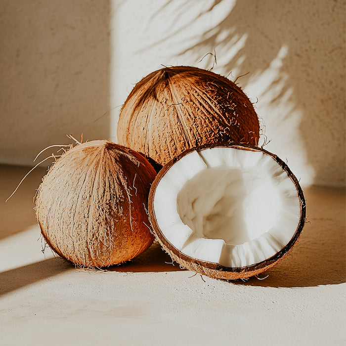 Two coconuts and a half-cut coconut showing the inside, placed on a surface with a shadow falling across the scene.