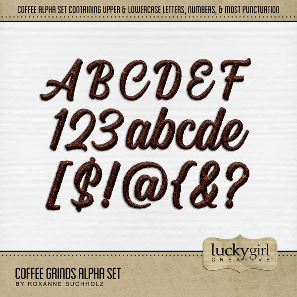 Cozy up your digital scrapbooking page titles with this tasty coffee-inspired alpha set! Great for coffee shops, time with girlfriends, morning coffee, travel to Europe, and more! The alpha set consists of a full set of digital art uppercase alphabet letters A-Z, lowercase letters a-z, numbers 0-9, and most punctuation marks. This alpha set is available as individual embellishments only. This kit is included in the Coffee Alpha Bundle.