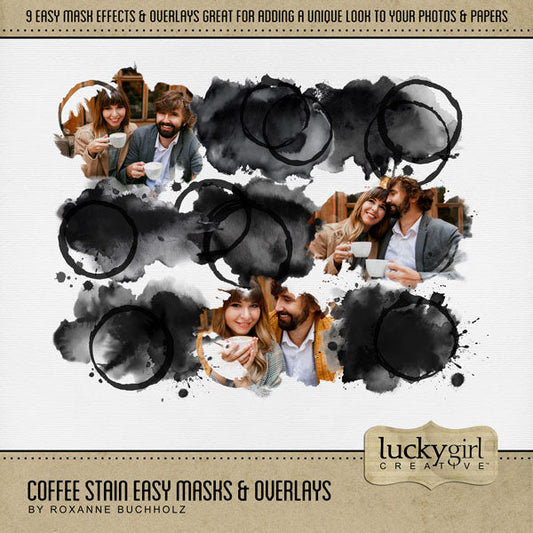 Cozy up your digital scrapbooking pages with these coffee stain easy photo masks and overlay embellishments by Lucky Girl Creative digital art. Great for coffee shops, time with girlfriends, morning coffee, travel to Europe, and more! In Photoshop, add the photo mask to your page, overlay with your favorite photo, and create a clipping path for a stunning result. This kit is included in the Coffee Bundle.