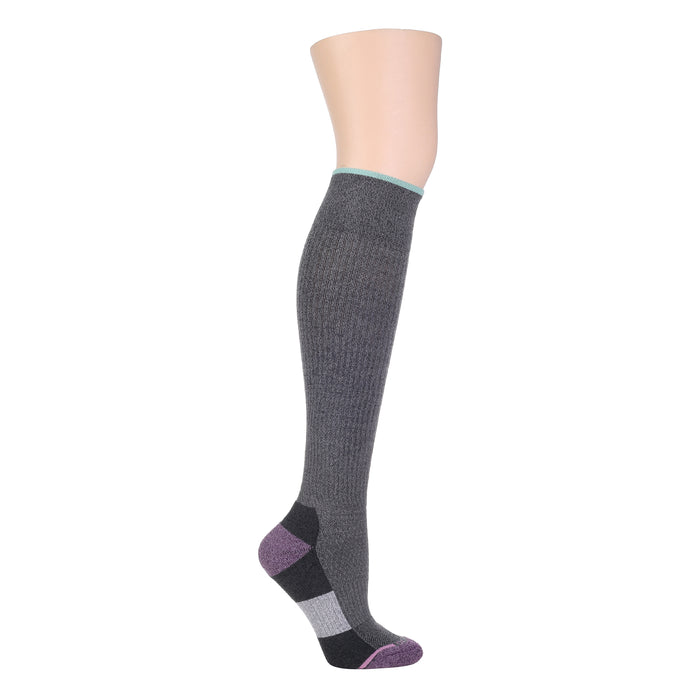 Knee-high compression socks in gray with color block design and contrasting toe and heel.