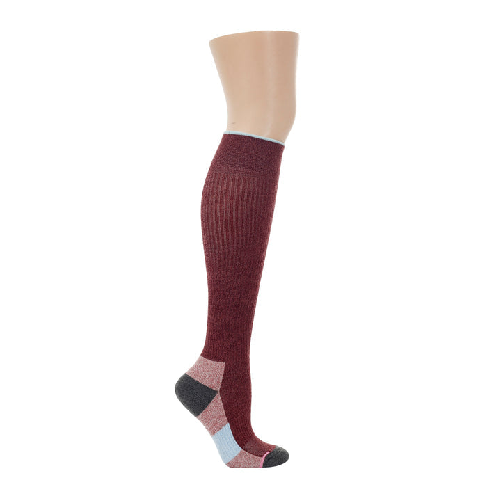 Knee-high socks with a color block design in burgundy, gray, pink, and light blue.