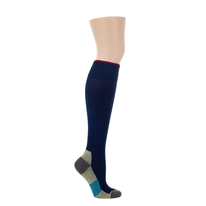 Knee-high women's socks featuring a color block design with navy, gray, and green sections.