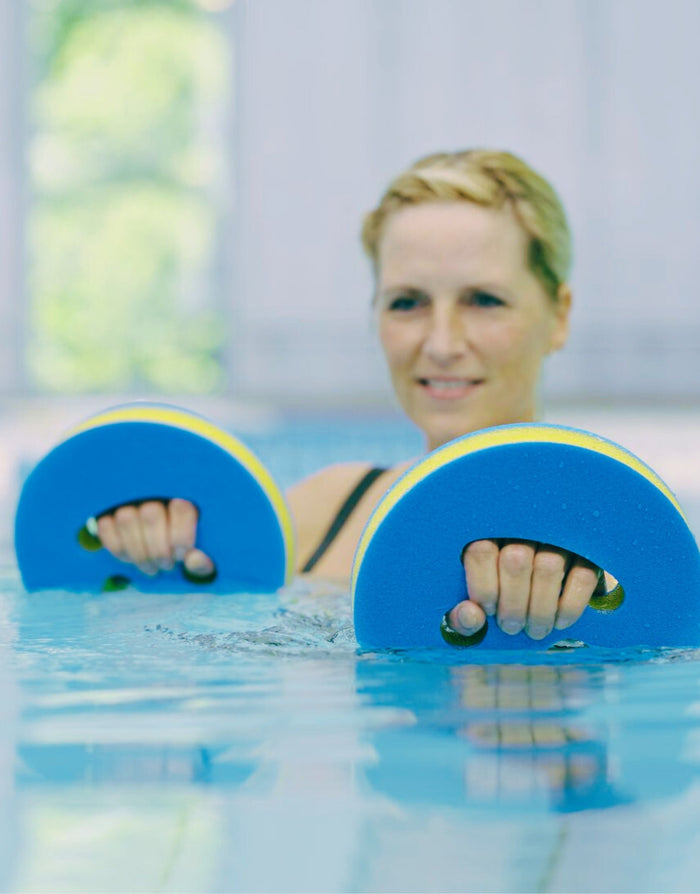 Comfy Aquafit Smile blue yellow aqua discs with textured grip for water resistance