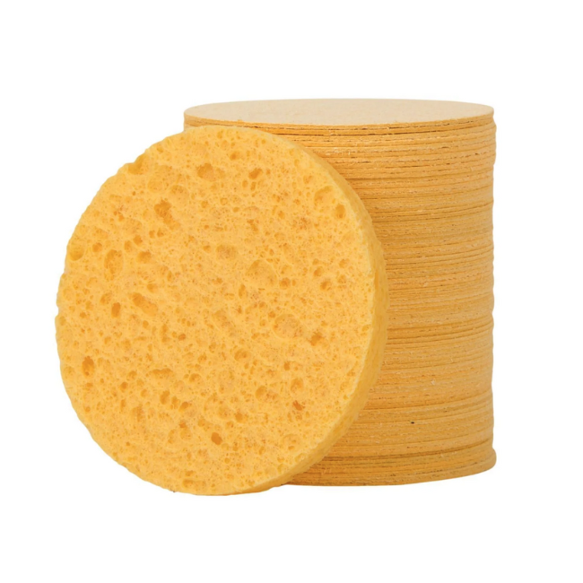 Natural compressed cellulose facial sponges, 75 count—flat disks that expand to 2.75 inches for spa and esthetic treatments.