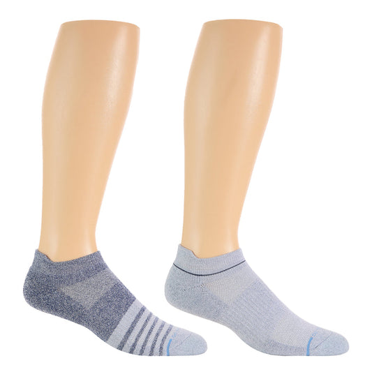 Ankle compression socks in blue and gray with contrasting stripes and solid patterns.