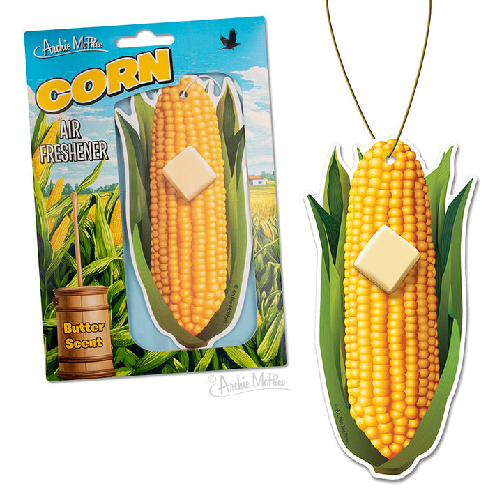 Corn Air Freshener—a quirky car accessory shaped like corn with a pat of butter, labeled Butter Scent in packaging; perfect for adding fun and freshness to your ride.