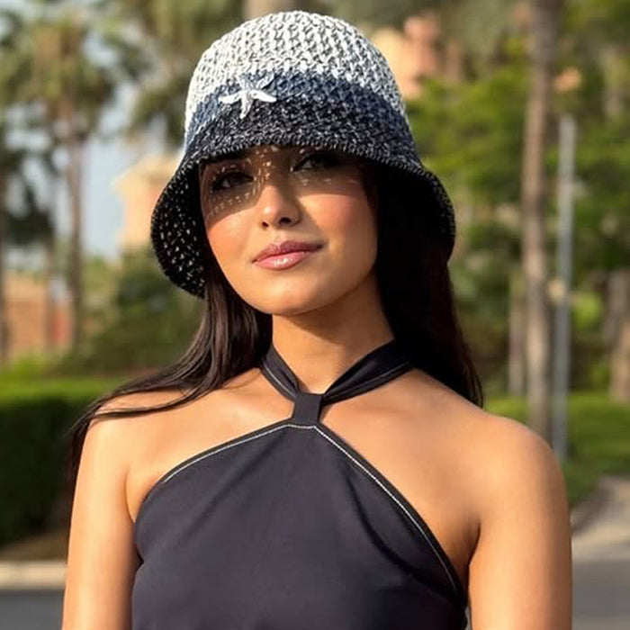 Crochet Beach Bucket Hat with Rose Charm - Shades of Blue
