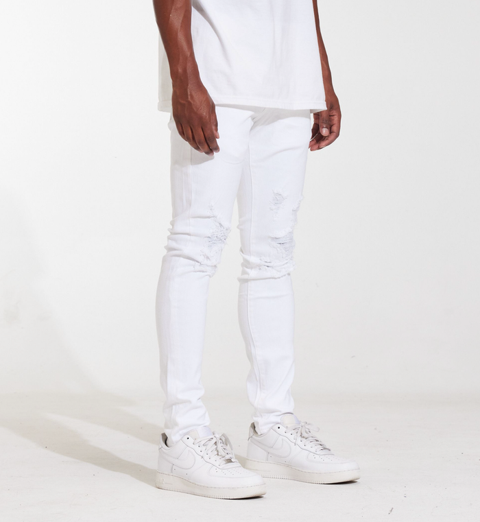 Close-up of the distressed details on Crysp Denim Atlantic White Jeans