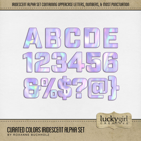 Collect the entire series of Curated Colors! Access your digital art in easy-to-use coordinated color palettes. Add these shiny iridescent alphabet letters, numbers, and punctuation by Lucky Girl Creative digital art to all your digital scrapbooking pages and mix-and-match them on various projects throughout the year! Great for birthday, party, children, 80's, and everyday pages, too! The Curated Colors Iridescent Alpha Set consists of a full set of digital art uppercase alphabet letters A-Z, numbers 0-9.
