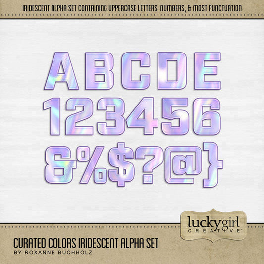 Collect the entire series of Curated Colors! Access your digital art in easy-to-use coordinated color palettes. Add these shiny iridescent alphabet letters, numbers, and punctuation by Lucky Girl Creative digital art to all your digital scrapbooking pages and mix-and-match them on various projects throughout the year! Great for birthday, party, children, 80's, and everyday pages, too! The Curated Colors Iridescent Alpha Set consists of a full set of digital art uppercase alphabet letters A-Z, numbers 0-9.