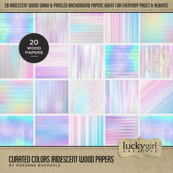 Collect the entire series of Curated Colors! Access your digital art in easy-to-use coordinated color palettes. Add these iridescent wood grain backgrounds by Lucky Girl Creative digital art to all your digital scrapbooking pages and mix-and-match them on various projects throughout the year! Great for birthday, party, children, 80's, and everyday pages, too! This kit is included in the Curated Colors Iridescent Bundle.