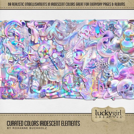 Collect the entire series of Curated Colors! Access your digital art in easy-to-use coordinated color palettes. Add these iridescent and holographic embellishments by Lucky Girl Creative digital art to all your digital scrapbooking pages and mix-and-match them on various projects throughout the year! Iridescent embellishments include angel wings, bird, dolphin, octopus, seahorse, unicorn, whale, puppy dog, balloon, wedding bell, glass bottle, ribbon, bow, bowtie, bubble, baseball cap, hat, clothes, fabric.